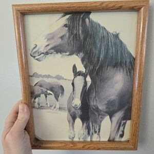 Framed Richard Dick Lynch Pencil Drawing? of Horses 1976 Mom & Fowl